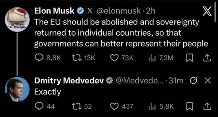 Replica lui Dmitri Medvedev ca răspuns la solicitarea lui Elon Musk privind desființarea Uniunii Europene: Observație pe X