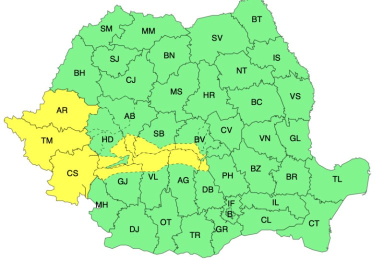 HARTĂ. Alerte meteorologice pentru condiții meteorologice extreme. Aproape 20 de județe, sub alertă galbenă