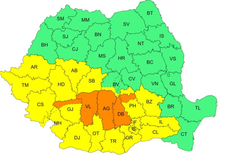 Cod portocaliu pentru averse torențiale și cod galben de furtuni emis de meteorologi pentru mai mult de 20 de județe.