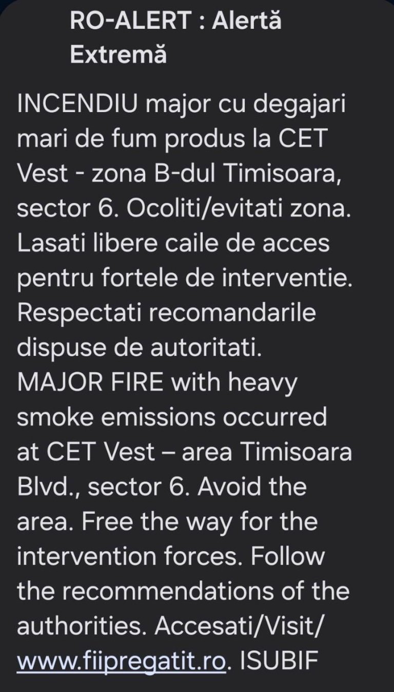 Incendiu la CET Vest București: Fumul observable de la distanțe de kilometri / Alertă RO-Alert trimisă