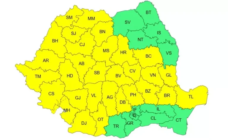 ANM a prelungit avertizarea meteorologică pentru ploi torențiale, grindină și furtuni. Harta regiunilor impactate de codul galben.